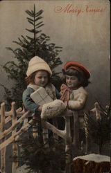 Merry Xmas - Children with Gifts and Tree Postcard Postcard