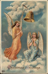 Two angels in the clouds looking at a bell Postcard Postcard