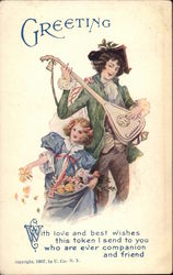 Man Plays Lute, and Girl Strews Petals Greetings Postcard Postcard