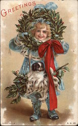 Child with Christmas Greenery and a Small Dog Postcard