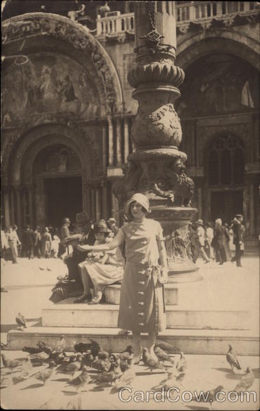 Woman Feeding Pigeons in Plaza Italy Women