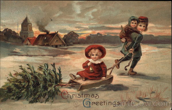 Christmas Greetings - Children with Sled and Christmas Tree