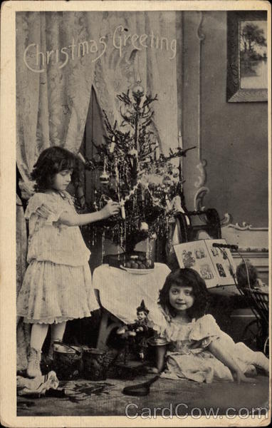 Little Girls in Christmas Morning Scene Children