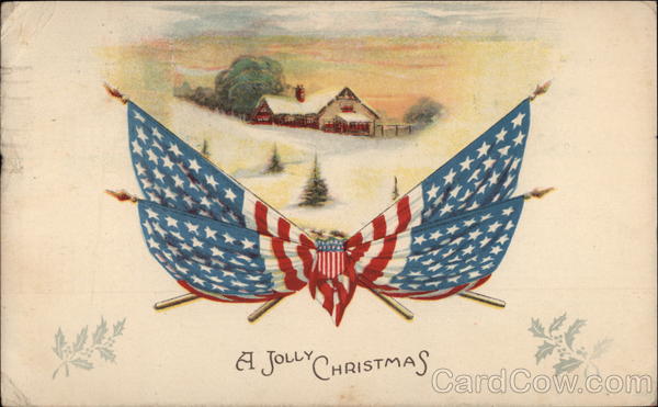 A Jolly Christmas - Snowy Winter Scene and American Flags