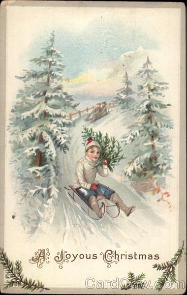 A Joyous Christmas - Boy Sledding with Christmas Tree