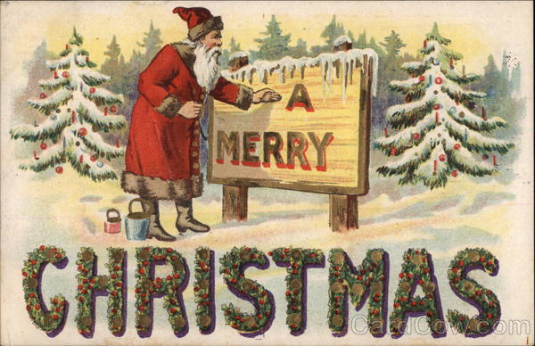 Santa pointing to a Sign that says  A Merry Santa Claus