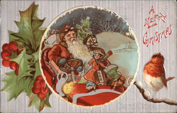 Santa in Sleigh with Toys, Plus Holly and Bird Santa Claus