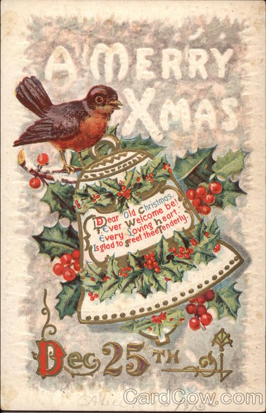 Red Robin on Bell covered in Holly Berries Christmas