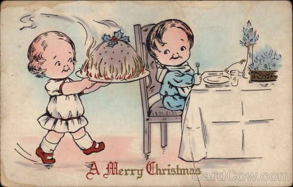 A Merry Christmas - Boy and Girl with Plum Pudding