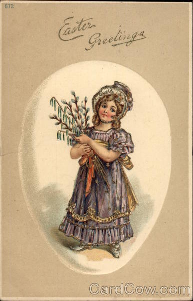 Girl in Bonnet and Purple Dress Holding Spring Bouquet