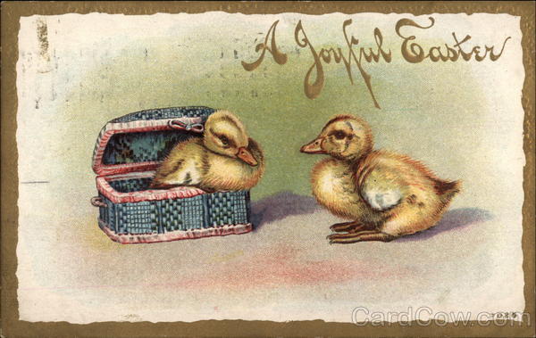 Two Baby Chicks, with One in Small Basket With Chicks
