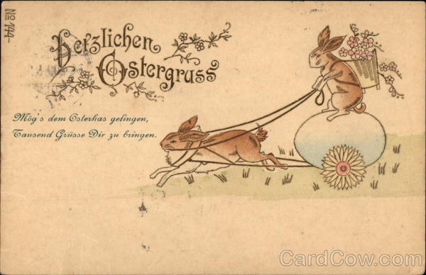 Rabbit Pulling Egg Shaped Cart with Bunny on Top With Bunnies