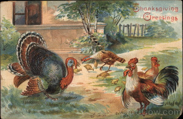 Thanksgiving Greetings - Farmyard with Turkey and Chickens