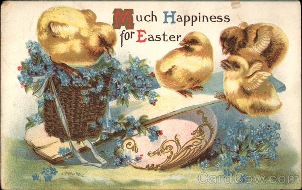 Much Happiness for Easter - Chicks with Basket of Flowers on Seesaw