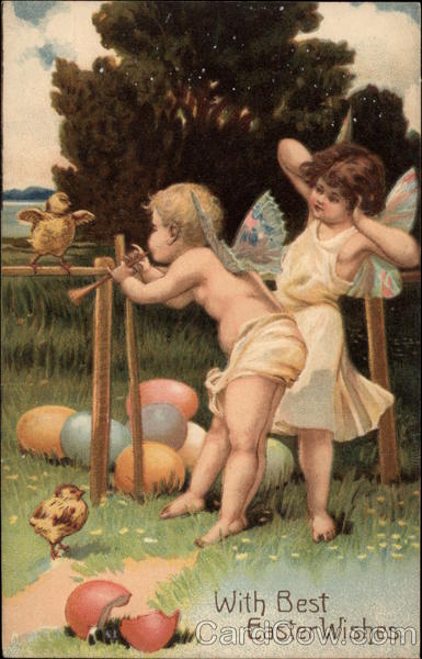 With Best Easter Wishes - Cherubs with Chicks With Angels