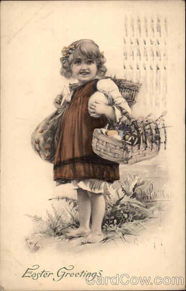 Easter Greetings - Child Carrying Basket of Eggs With Children