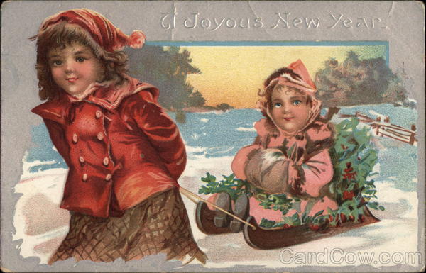 A Joyous New Year - Girls and Sled Children