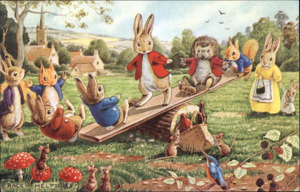 Rabbits and Hedgehog Play on a See-Saw Racey Helps