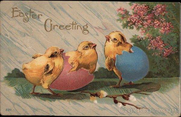 Three Chicks and Colored Eggshells With Chicks