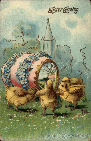 Four Chicks Admire a Decorated Egg With Chicks