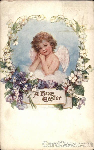 A Happy Easter - Cherub with Flowers With Angels