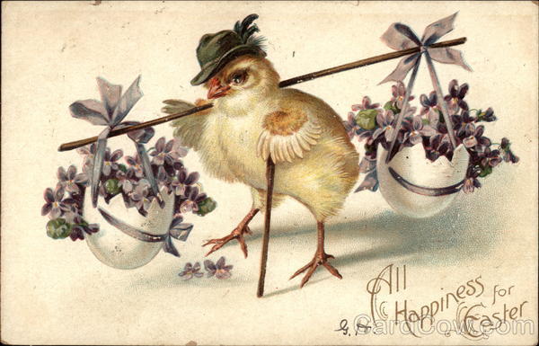 All Happiness for Easter - Chick Carrying Eggs Filled with Violets