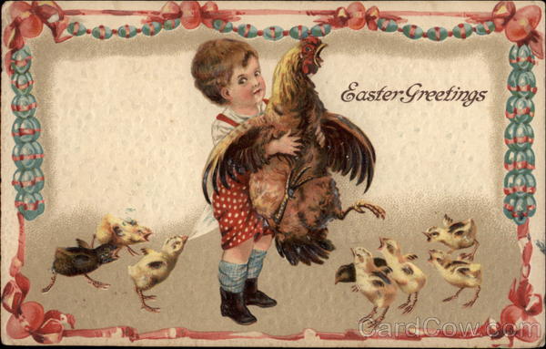 Easter Greetings - Boy with Chicken and Chicks With Children
