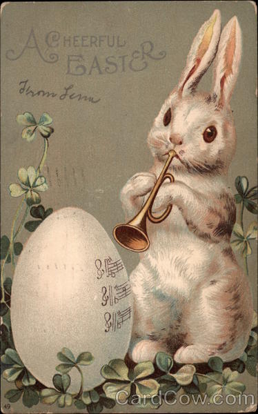 A Cheerful Easter - Rabbit Blowing Trumpet with Egg