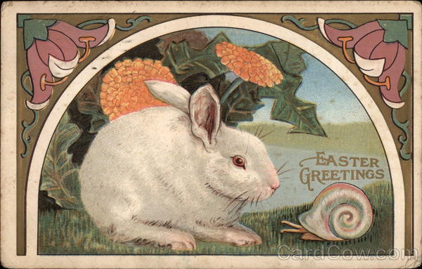 Easter Greetings - Rabbit and Snail With Bunnies