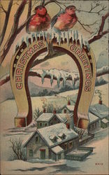 Birds on Christmas Greetings Horseshoe Postcard
