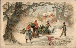 Woman and Children Gather Holly and Pine Boughs Postcard Postcard