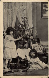 Little Girls in Christmas Morning Scene Postcard
