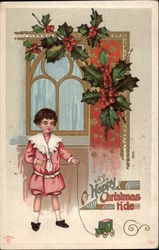 Girl with Toy Stage Coach by Door with Holly Berries Postcard