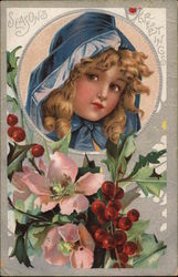 Season's Greetings - Girl with Christmas Flowers Postcard