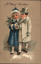Man in White Coat and Cane with Woman in Blue Coat Postcard