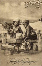 Two CHildren on a Snowy Fence Postcard