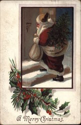 A Merry Christmas - Santa Claus on Snowy Steps Postcard
