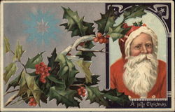 A Jolly Christmas - Santa Claus and Holly Postcard