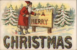 Santa pointing to a Sign that says " A Merry" Postcard