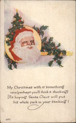 Santa's Face, Holly & Christmas Tree Postcard