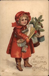 Little Girl in Red Carries Pine Bough and Gifts Postcard