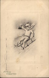 Boy Sledding Down a Hill Postcard