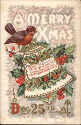 Red Robin on Bell covered in Holly Berries Postcard