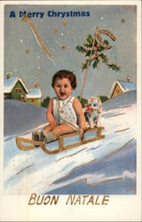 A Merry Christmas - Buon Natale - Child on Sled Postcard