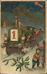A Happy New Year - Steam Engine No. 1 with Children Postcard