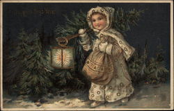 Christmas - Child with Lantern and Sack of Gifts Postcard