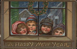 Children in Winter Hats Peering Through a Window Postcard