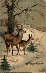 A Happy New Year - Deer in a Snowy Field Postcard