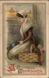 A Pilgrim Woman Sits Near a Basket of Food Pilgrims Postcard Postcard