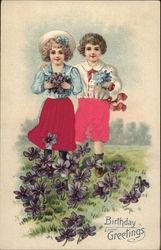 Birthday Greetings - Children with Violets Postcard